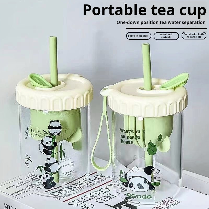(2pcs) Glass Cup Set-Portable borosilicate water cup with lid straw cup tea drain cup.