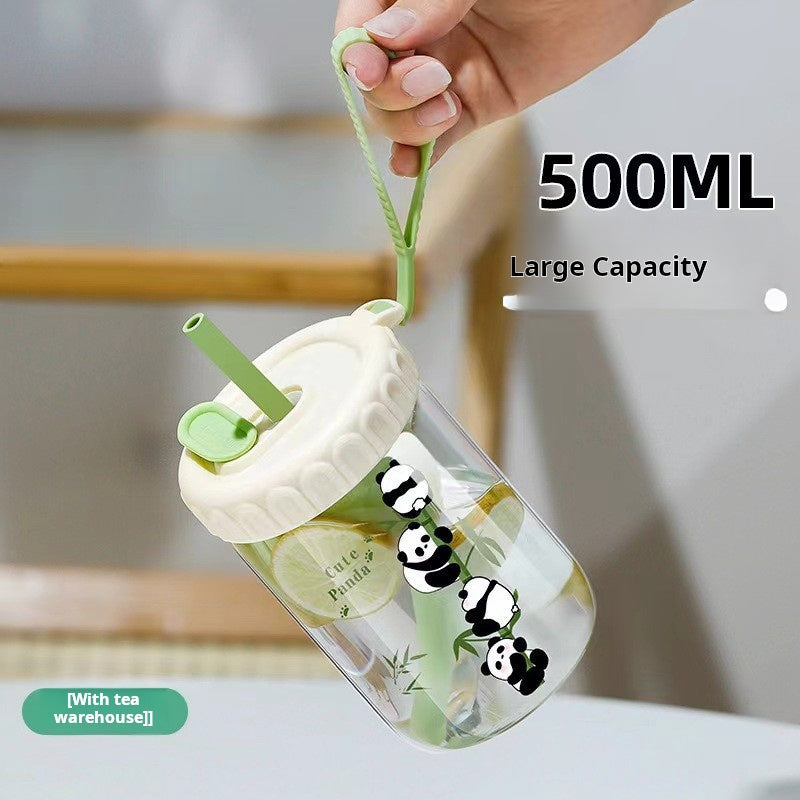 (2pcs) Glass Cup Set-Portable borosilicate water cup with lid straw cup tea drain cup.