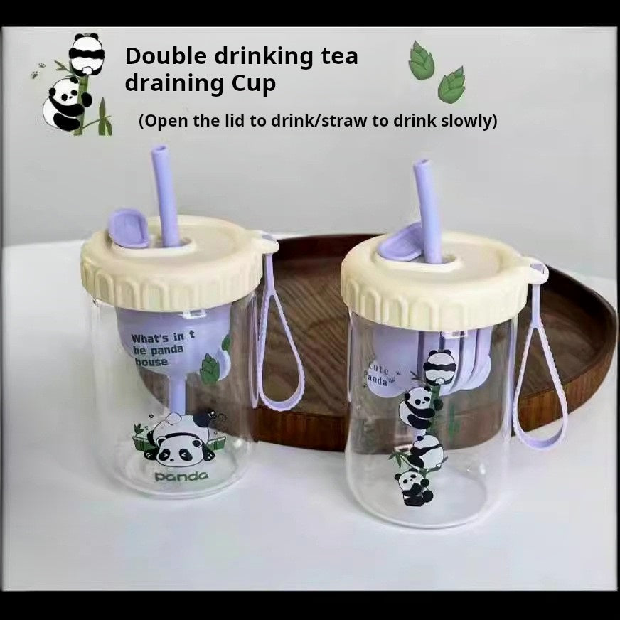 (2pcs) Glass Cup Set-Portable borosilicate water cup with lid straw cup tea drain cup.
