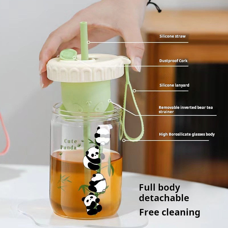 (2pcs) Glass Cup Set-Portable borosilicate water cup with lid straw cup tea drain cup.