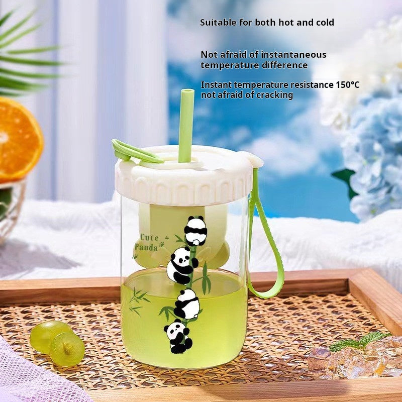 (2pcs) Glass Cup Set-Portable borosilicate water cup with lid straw cup tea drain cup.