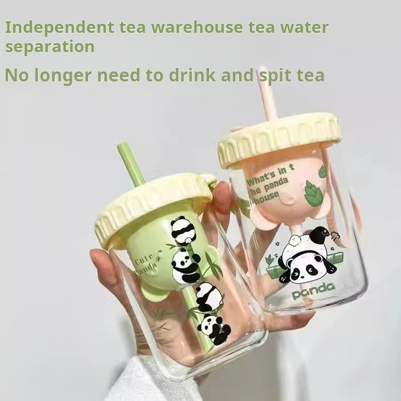(2pcs) Glass Cup Set-Portable borosilicate water cup with lid straw cup tea drain cup.