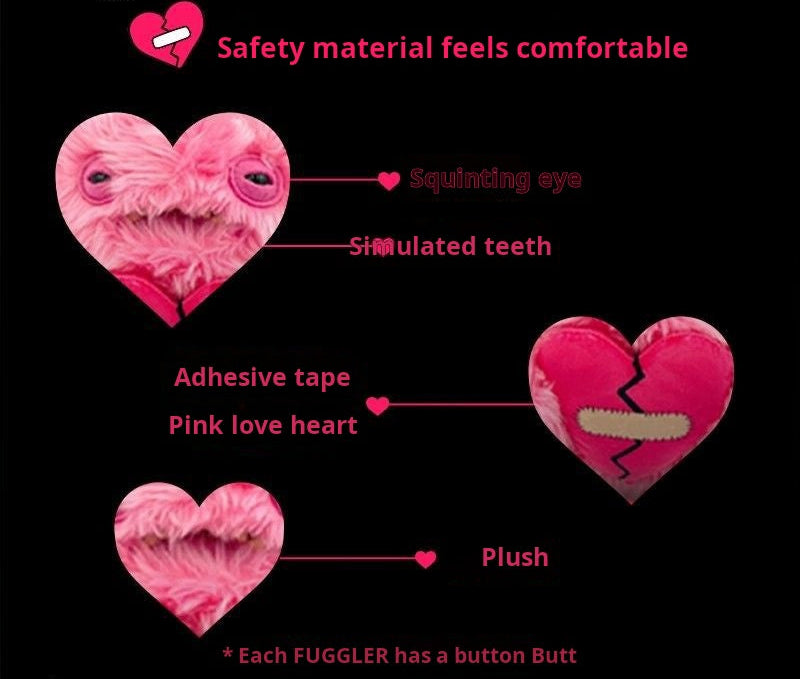 Diagram of a pink plush heart toy with labeled features on a black background, featuring the Fuggler logo.