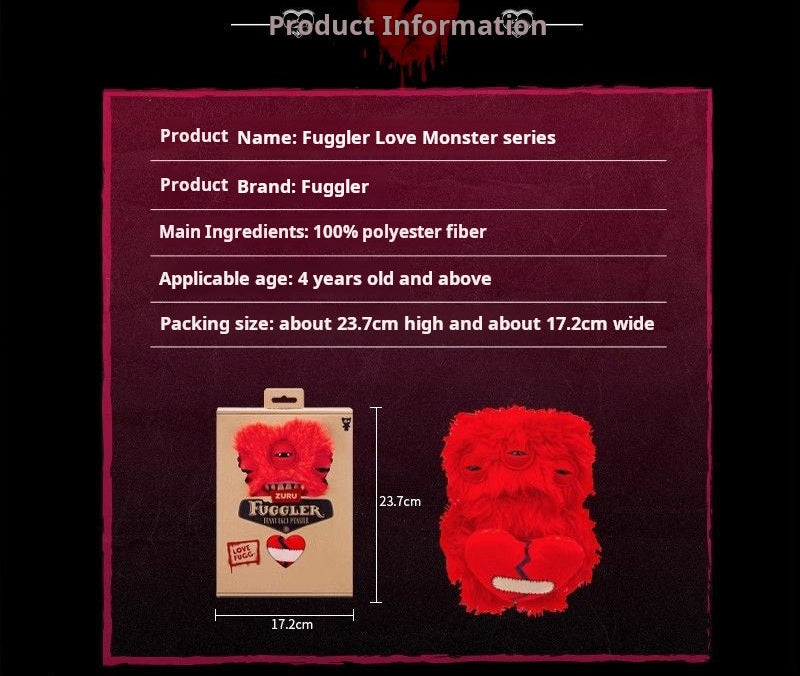 Product information card for Fuggler Love Monster series with red plush toy and packaging on a dark background.