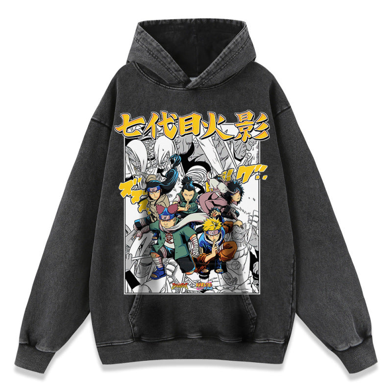 Japanese classic anime print 420g heavy wash aged hooded sweatshirt